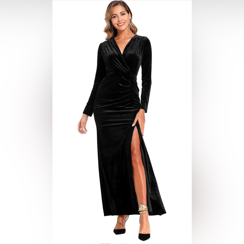 Ababalaya Long Sleeve Wrap Velvet Long Formal Dresses Cocktail Dress Size S